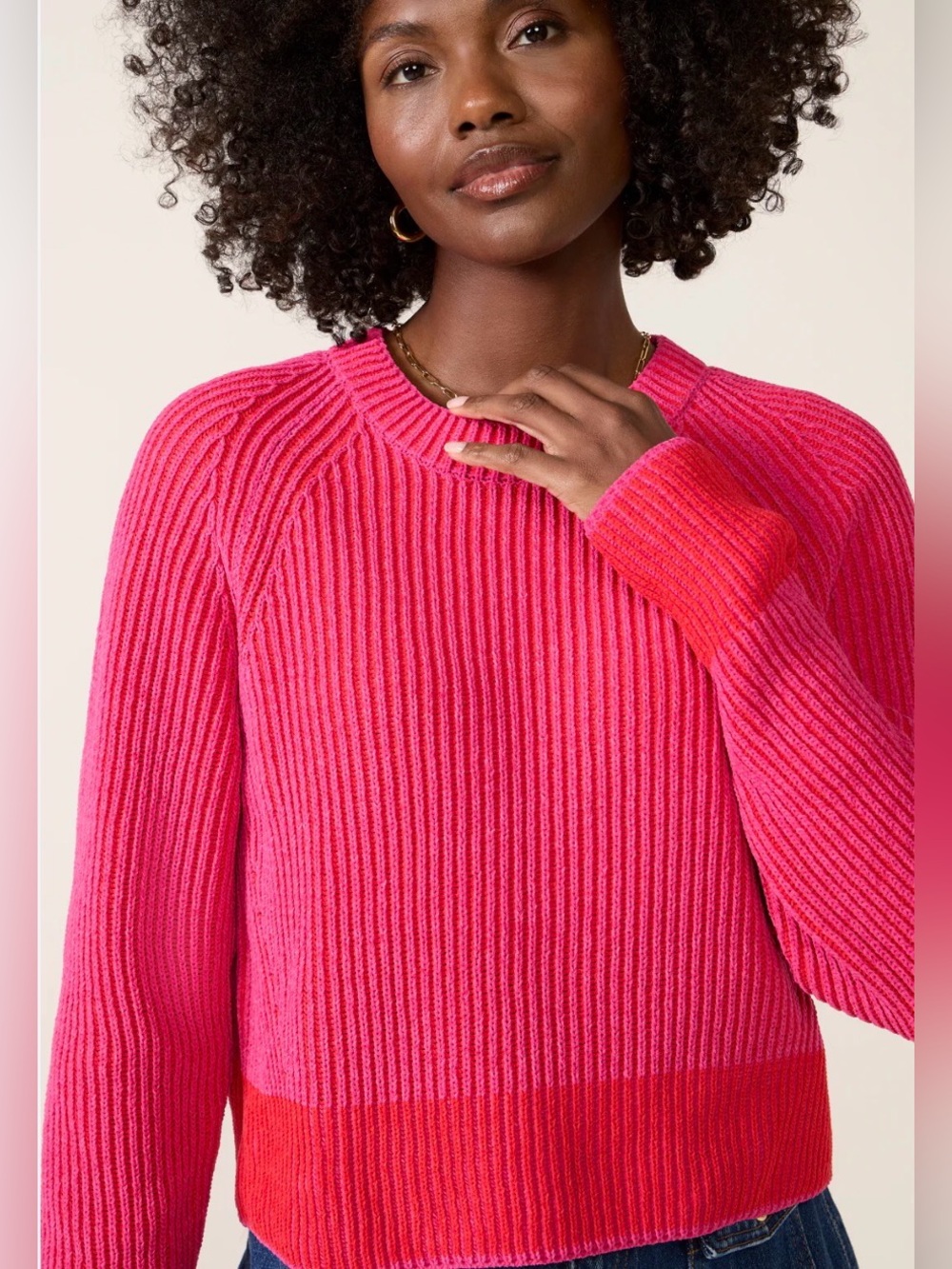 Evereve Two-Tone Pink Ribbed Crewneck Sweater